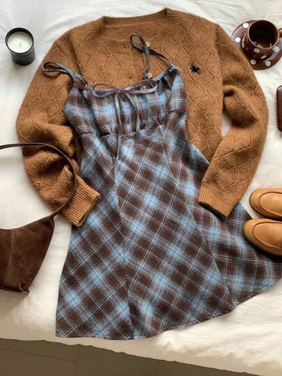 Comfortcana Women's Autumn/Winter Casual Plaid Strap Mini Dress Square Neck Dress, Brown Plaid Dress ,Autumn Cottagecore Dress, Fall Outfit