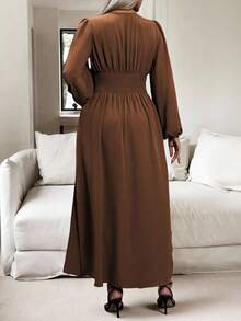 Vionelle 大码女式春夏纯色 V 领褶饰腰灯笼袖侧开衩下摆优雅连衣裙长款女装 - 巧克力棕 - 查看 2