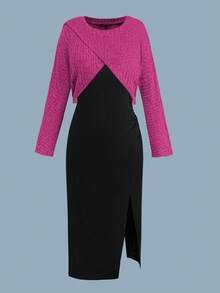 Flirla Plus Size Autumn/Winter Ribbed Asymmetric Design Top + Spaghetti Strap Pleated Split Contrast Color Dress 2 Pieces Set - Multicolor - View 7