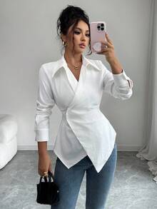 Elenzga Blouse à manches longues ajustée, asymétrique et froncée, de couleur unie, pour femmes - Blanc - Voir 3