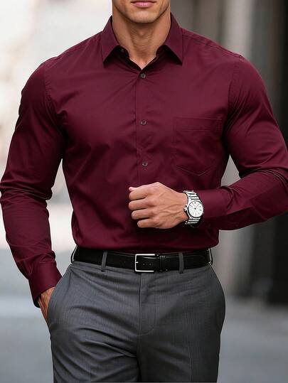 Manfinity Mode Camisa casual de manga larga con botones delanteros de unicolor para hombres de talla grande, otoño