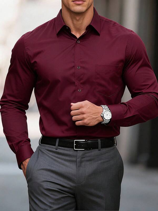 Manfinity Mode Koszula męska w jednolitym kolorze, z długim rękawem i guzikami z przodu, swobodna, na jesień