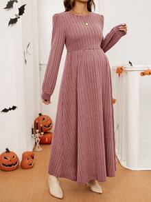 SHEIN Abito casual a maniche a palloncino con collo rotondo e costine, colore tinta unita, da maternità