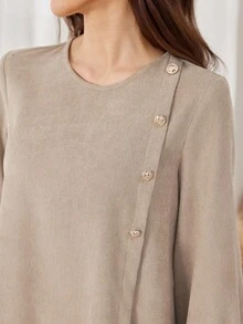 Yasmyna 2件套女士休闲纯色纽扣装饰开叉下摆加长上衣和阔腿裤套装，杏色，秋冬 - 卡其色 - 查看 5