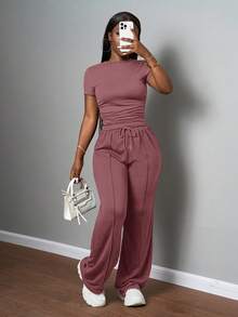 Slaydiva 2025 New Women's Casual Solid Color Round Neck Slim Short Sleeve T-Shirt And Drawstring Waist Straight Pants Two Pieces Set, Spring And Summer, Brown, Suitable For Music Festivals, Easter, St. Patrick, Daily Outings, Parties, Graduation Season, Sports And Leisure,Daily Basic , Back To School, Party