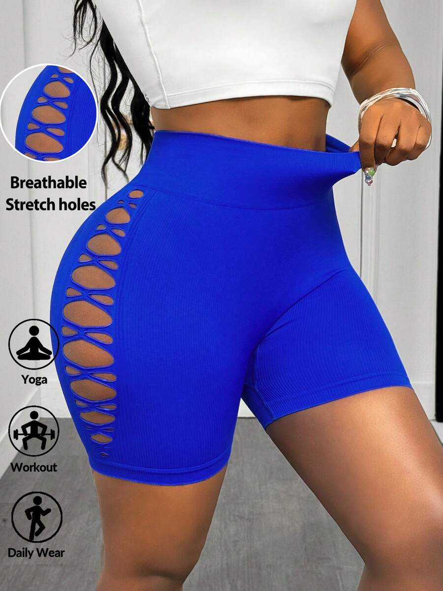 Slaydiva Minimalist Solid Color Seamless Sports Shorts, Fashionable For Summer - Royal Blue - View 1
