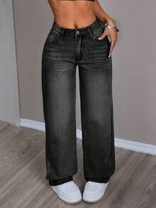 SHEIN PETITE Quần jeans ống đứng cổ điển, giặt thường ngày, lót nhiệt - màu đen - Xem 3