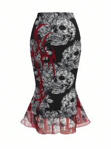 Shutterstock Y2Kool Women's Y2K Black Double-Layer Mesh Skirt With Hand Painted Skeleton, Floral, Thorns And Flowing Water Prints, Suitable For Festivals And Parties Matching Idea Stylish Collection New Year Black Goth Skirt Fishtail Skirt Black Red Skirt With Skulls Gyaru Graphic Skirt - Black - View 5