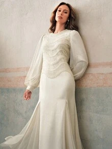 Anewsta Đầm dài vừa phải tay đèn lồng cổ tròn họa tiết dành cho nữ, thích hợp cho các dịp tiệc tùng, mùa thu/đông - Màu be - Xem 5