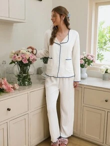 Snug Reverie Women's Casual Contrast Trim Wrinkle Loose Pajama Set, Spring/Autumn Fall Winter Clothes - Apricot - View 6