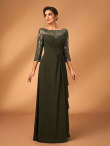 Serin Đầm chữ A sang trọng, thanh lịch với chất liệu chiffon, đính ren và sequin, tay áo voan mỏng, xếp ly bồng bềnh, thích hợp cho đám cưới, tiệc tùng, kỳ nghỉ, dạ hội, váy cho mẹ cô dâu, ngày Valentine. - xanh quân đội - Xem 7