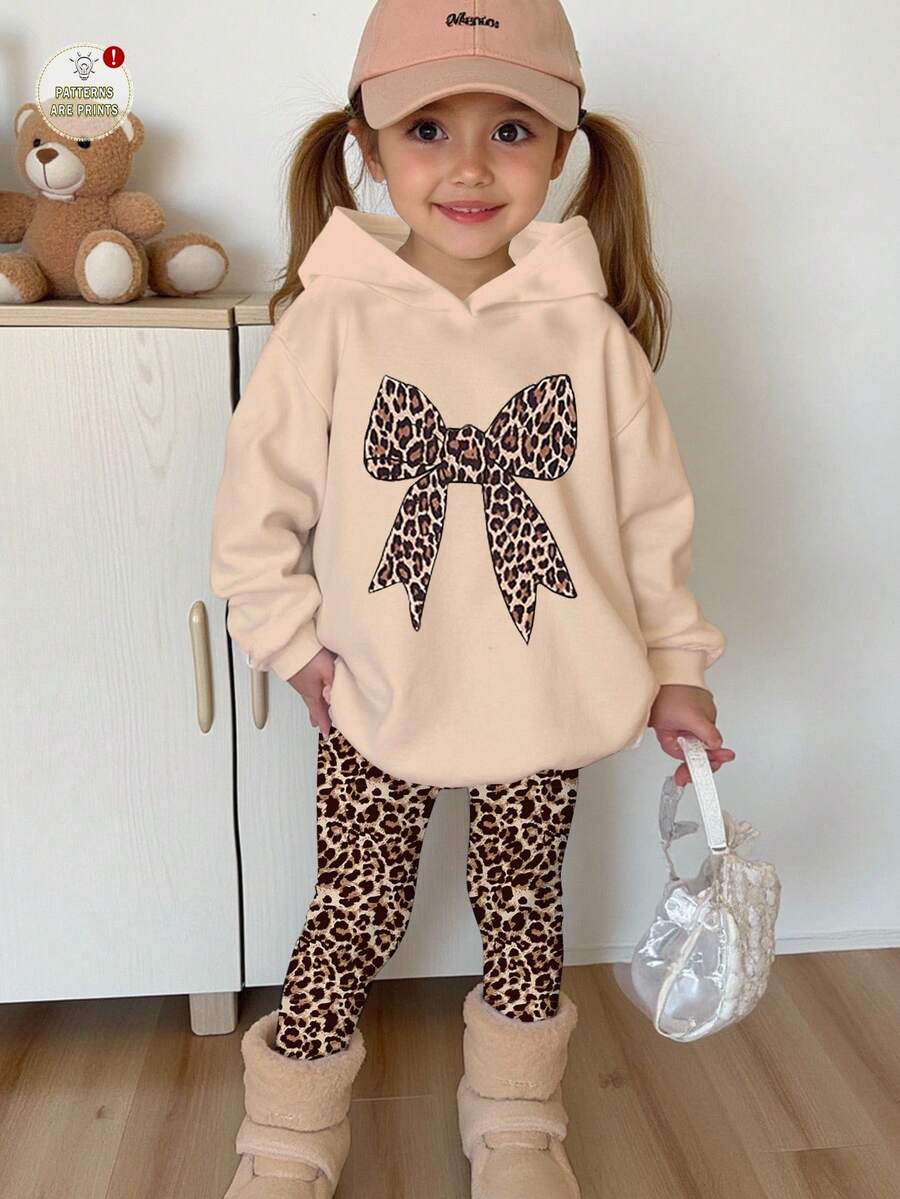 SHEIN 2 pezzi Set di felpa con cappuccio e leggings casual vintage con stampa leopardata e fiocco decorativo per ragazze, colore cachi, comodo per autunno/inverno