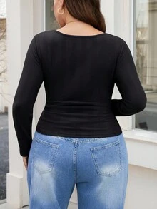 SHEIN LUNE 大码方领休闲舒适修身T恤，适合春、秋、冬三季节日圣诞节上衣及圣诞派对T恤 - 黑色 - 查看 8
