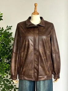 SHEIN LUNE Áo khoác da PU ngắn tay cỡ lớn có khóa kéo, trang phục ngoài trời mùa thu dành cho nữ, kiểu dáng đơn giản và thanh lịch cho dịp Tết Dương lịch và Lễ Tạ ơn. - màu nâu - Xem 6