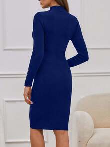 EURMUSE Mock Neck Button Front Sweater Dress Without Belt - Royal Blue - View 2