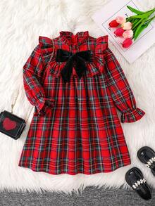 Emery Rose Kids Emery Rose Kids 年轻女孩优雅红色格子拼布蝴蝶结装饰长袖荷叶边下摆宽松连衣裙，适合圣诞节、秋冬季、派对、学校、休闲日常 - 紅色 - 查看 7