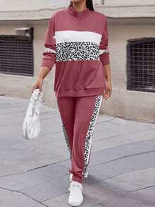 EURMUSE Cotton Plus Leopard Print Colorblock Drop Shoulder Sweatshirt & Sweatpants - Violet Purple - View 4