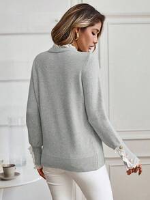 EMERY ROSE Women's Casual Lace Trim Round Neck Long Sleeve Sweater, Autumn/Winter - Light Grey - View 2