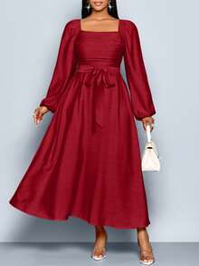 SOLERSUN Women's Plus Size Fall And Winter Frenchy Solid Color Square Neck Long Sleeve Front Ruched Ruffle Hem A-Line Casual Elegant Dress , Spring/Summer New Women's Dresses Fall Cloth For Women, Strap, Ginger Woven Fabric, Date Shopping Commuting Dress - Burgundy - View 6