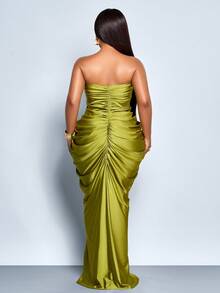 SOLERSUN 大码女式秋冬时尚通勤日常金属装饰褶皱抹胸紧身长裙，无肩带无袖茧型裹身褶皱草绿色针织面料性感，毕业礼服，派对礼服，婚礼宾客礼服，舞会礼服，女士奢华晚礼服，闪亮礼服，万圣节，圣诞节，新年， - 綠色 - 查看 3