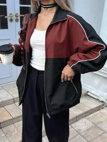 DAZY Áo khoác nữ cổ khóa kéo màu tương phản mùa thu thường ngày - Nhiều màu - Xem 4