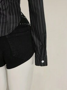 SHEIN ICON 女式黑白条纹长袖运动衫，数字印花短款衬衫，修身学院风夏季衬衫 - 黑色 - 查看 10