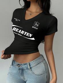 Attitoon 女士休闲V领褶皱T恤，适合夏季 - 黑色 - 查看 2