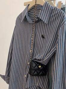 INAWLY New Turndown Collar Blue Striped Long Sleeve Horse Embroidery Women Vintage Loose Shirt - Dusty Blue - View 3