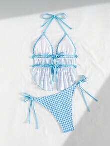 Bonvoyette Women's Plaid Print Halter Ruffle Hem Tankini Swimsuit 2 Pieces Set - Multicolor - View 4