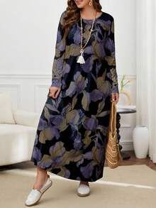 Modelyn Plus Size Long Sleeve Round Neck Dress, Suitable For Autumn/Winter