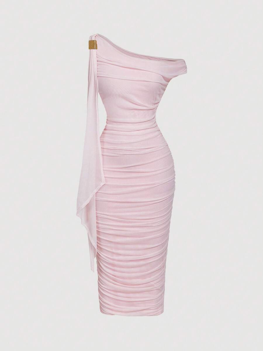 SHEIN MOD Váy midi xếp ly màu trơn thanh lịch cho nữ, vai lệch, mùa hè - Màu Hồng baby - Xem 1