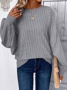 EMERY ROSE Apricot Fuzzy Ribbed Women Long Sleeve Sweatshirt,Fall - Grey - View 4