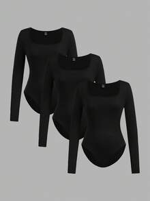 SHEIN EZwear 3pcs Women Square Neck Long Sleeve Tight Fitting Outfit, Suitable For Autumn/Winter