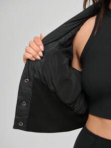 Menodora SHEIN Sport Women's Short Padded Coat, Ribbed Knit Waistline, Button Front, Slim Fit, Lightweight & Warm, Modern Stylish Design, Suitable For Autumn/Winter - Black - View 7