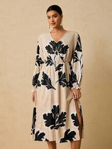 SHEIN VCAY Plus Size Women Floral Print V-Neck Long Sleeve Casual Dress Long Sleeve Summer Dresses Motif Women Dresses Floral Print Dress Women - Apricot - View 5