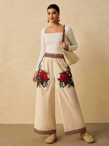 SHEIN VCAY Pantalon large à taille contrastée et imprimé floral pour femmes grandes tailles, confortable pour l'automne et l'hiver, idéal pour la plage - Multicolore - Voir 3