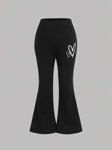 SHEIN 年轻女孩纯黑色/秋冬/针织休闲宽松心形印花运动衫和喇叭裤两件套运动衫套装 - 黑色 - 查看 8