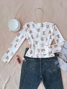 Tween Girls Lace Bow Bear Graphic Tight Fit Long Sleeve T-Shirt, Comfortable For Autumn/Winter, Party, Street, Back To School Girls Bear Top Baby Doll Top Teddy Bear Shirt Teddy Bear Long Sleeve Cute Tops Women - Multicolor - View 4