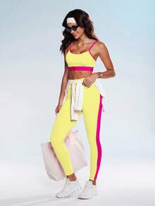 Eassivo Costum sport pentru femei, la modă, cu sutien și colanți, cu bretele subțiri, cu garnituri contrastante, de vară