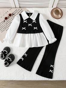 SHEIN Explorewe 女童休闲衬衫套装，卡其色蝴蝶结设计，串珠针织罗纹面料，白色长袖荷叶边下摆衬衫上衣搭配卡其色珍珠喇叭裤，2 件套，适合返校季休闲、时尚、甜美、舒适的户外旅行装 - 黑色 - 查看 2