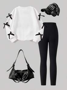 Genkimix Kids 2pcs Girls Korean Style Casual Gray Sweatshirt With Ribbon Bow & Skinny Pants Set - Black and White - View 2