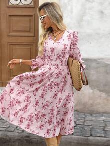 Brillora 女式花卉印花褶皱长袖束腰优雅中长连衣裙，适合度假 - 粉色 - 查看 2
