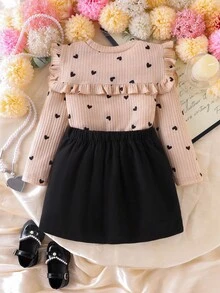SHEIN 两件套女童杏色针织超大翻领长袖上衣搭配黑色蝴蝶结装饰裙，独特设计，时尚童装，适合春秋季户外、派对、通勤等场合。 - 杏色 - 查看 2