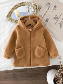 SHEIN Áo khoác lông dài tay có mũ, khóa kéo, túi, màu nâu dành cho bé gái, thoải mái, dễ thương, đa năng, thích hợp mặc hàng ngày. - Cà phê nâu - Xem 4