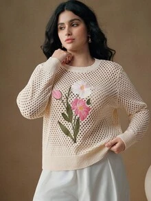 Anewsta Maglione elegante stile francese, ricamato con motivi floreali, collo rotondo, taglie comode, adatto per autunno/inverno - Bianco - Visualizzare 1
