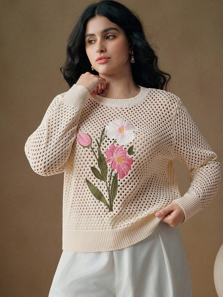 Elegant French Style Embroidered Floral Hollow Out Round Neck Plus Size Sweater, Autumn/Winter