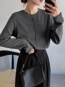 FRIFUL Women's Solid Khaki Round Neck Long Sleeve Loose Casual Versatile T-Shirt, Autumn