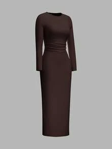 SHEIN EZwear 大码女装冬季连衣裙、女士长袖连衣裙、派对礼服、圆领修身休闲连衣裙、黑色修身长裙、黑色中长裙、曲线黑裙、长袖黑裙 - 巧克力棕 - 查看 4