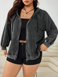 SHEIN EZwear 2025新款加大码卫衣，黑色斑点，宽松版型，带口袋，适合派对、约会、休闲、户外、居家等多种场合穿着，秋冬季拉链卫衣女休闲外套 - 黑色 - 查看 4