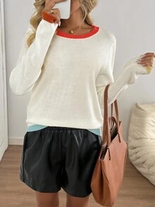 SHEIN LUNE Áo len dài tay cổ tròn tối giản màu mơ cho nữ, Thu/Đông - Nhiều màu - Xem 4